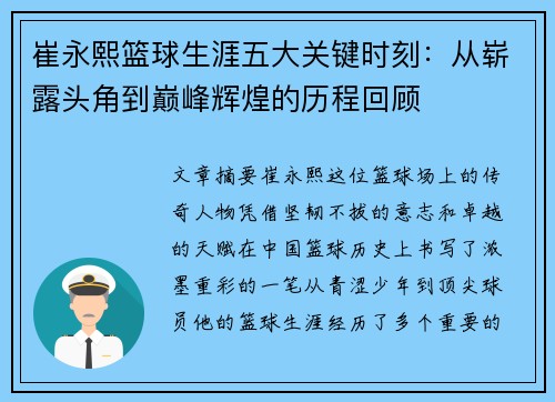 崔永熙篮球生涯五大关键时刻：从崭露头角到巅峰辉煌的历程回顾