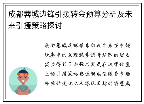 成都蓉城边锋引援转会预算分析及未来引援策略探讨