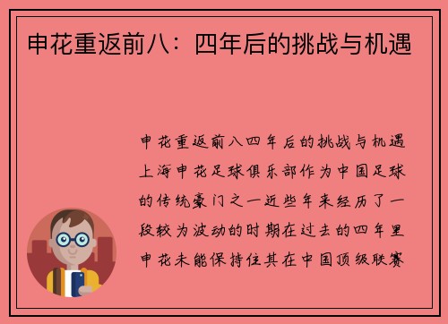 申花重返前八：四年后的挑战与机遇