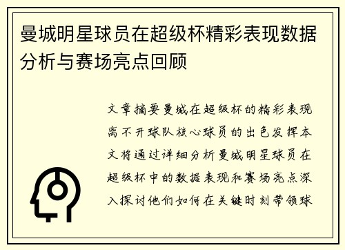 曼城明星球员在超级杯精彩表现数据分析与赛场亮点回顾