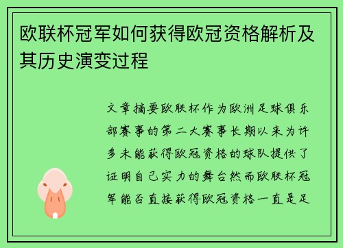 欧联杯冠军如何获得欧冠资格解析及其历史演变过程