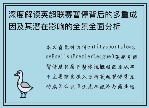 深度解读英超联赛暂停背后的多重成因及其潜在影响的全景全面分析