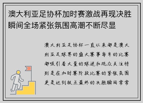 澳大利亚足协杯加时赛激战再现决胜瞬间全场紧张氛围高潮不断尽显