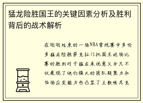 猛龙险胜国王的关键因素分析及胜利背后的战术解析